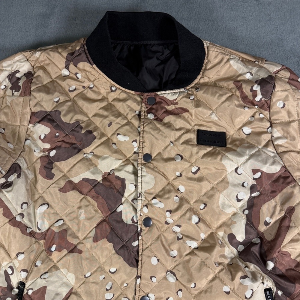 Savage Tacticians Mens Reversible Quilted Bomber Jacket Desert Camo Black Small